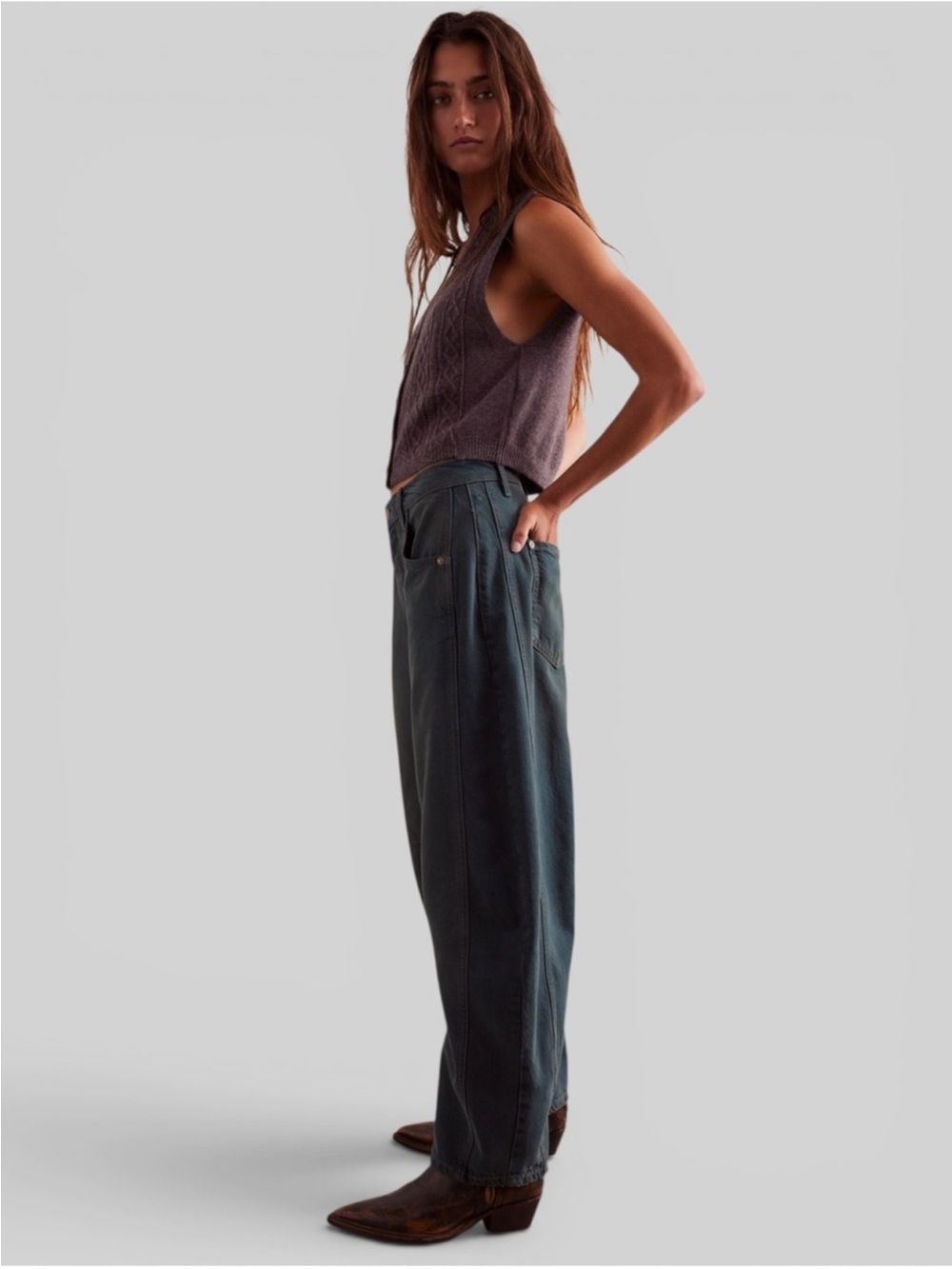 NWOT Free People We The Free Good Luck Mid-Rise Barrel Jeans - Luke Green - - Picture 4 of 8